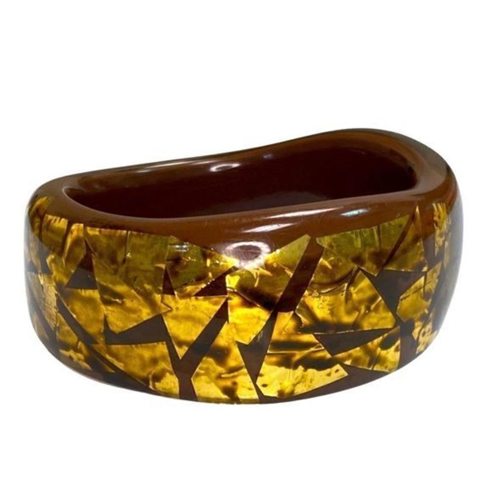 Vintage Chunky Lucite Bangle Bracelet Chocolate Brown w/Embedded Gold‎ Confetti